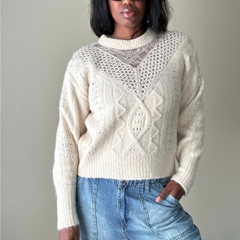 Express Coquette Cream Lace Inlay Crewneck Sweater Size Small